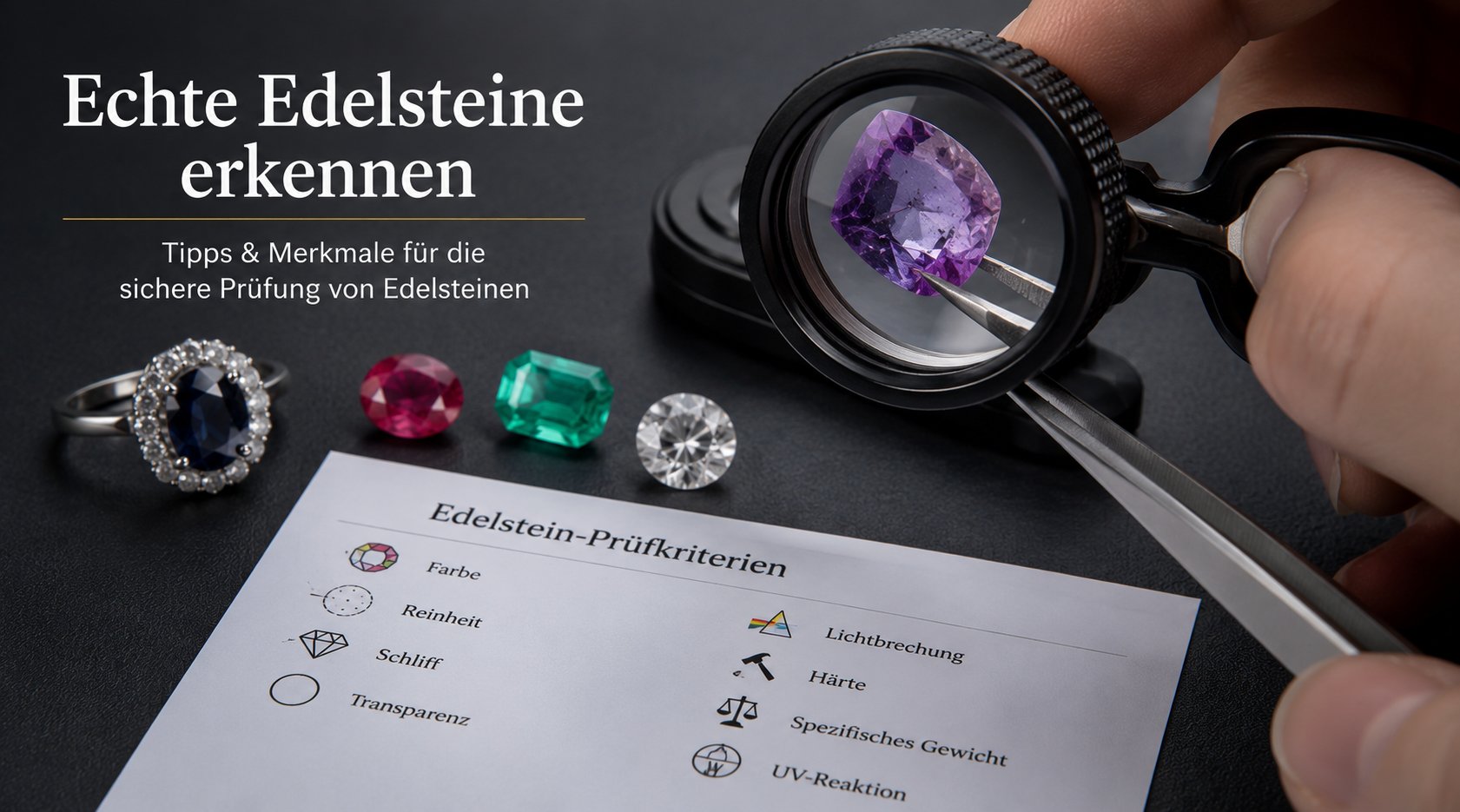 Echte Edelsteine erkennen — Lupe, Pinzette, Prüfkriterien-Karte