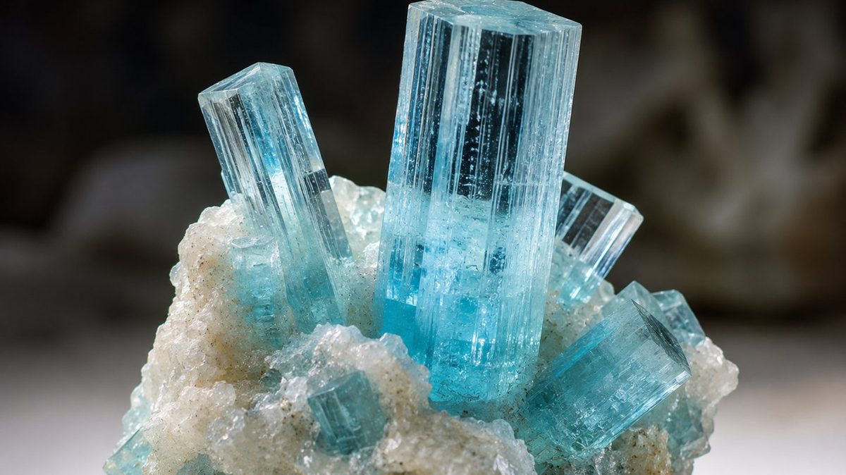 Aquamarin-Kristalle in leuchtendem Blau — Geburtsstein März