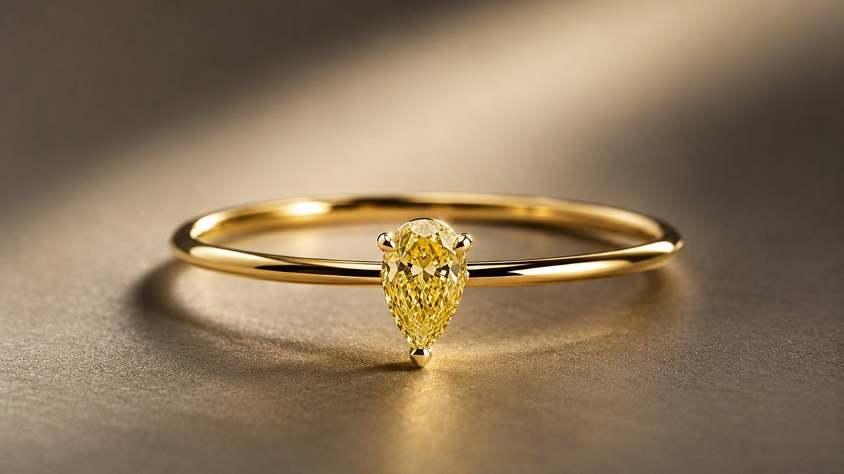 Verlobungsring mit gelbem Fancy-Diamant im Tropfenschliff in Gelbgoldfassung