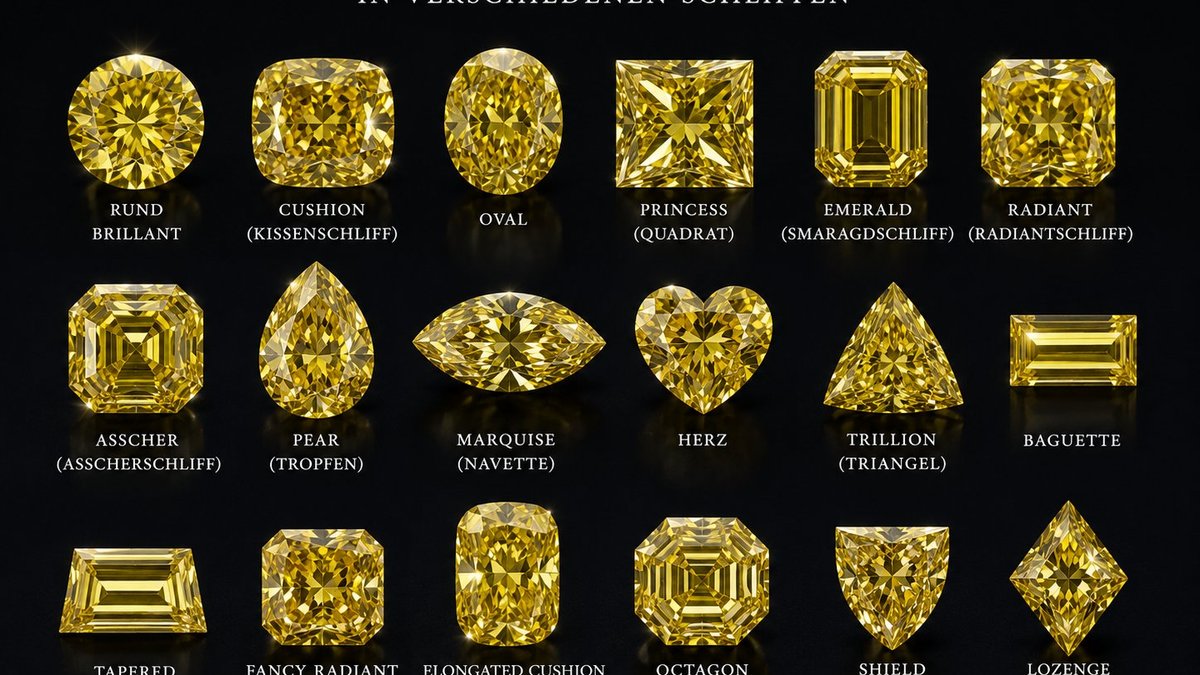 Fancy gelbe Diamanten in verschiedenen Schliffen — Brillant, Cushion, Radiant, Oval und mehr