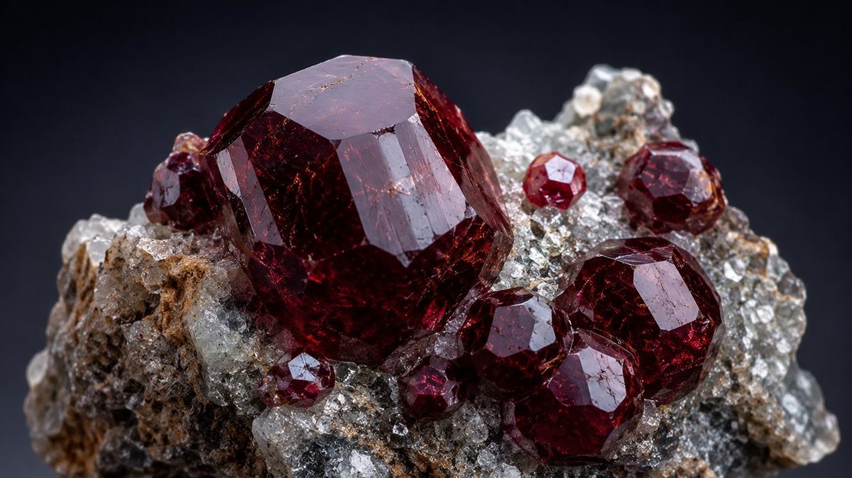 Roter Granat-Kristall im Muttergestein — Geburtsstein Januar