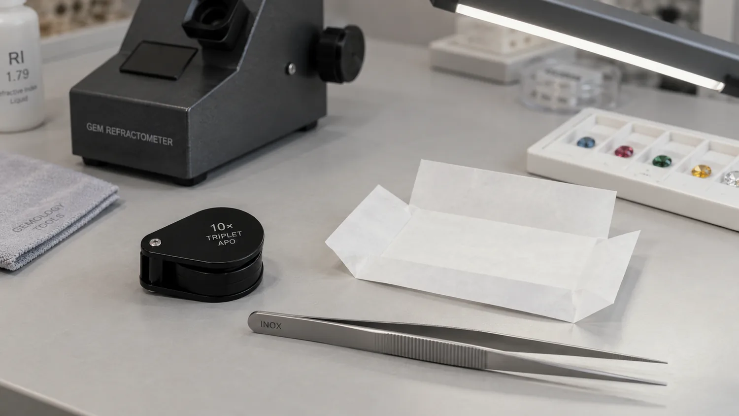 Gemmologischer Arbeitsplatz mit Refraktometer, Lupe, Pinzette und Steinpapier