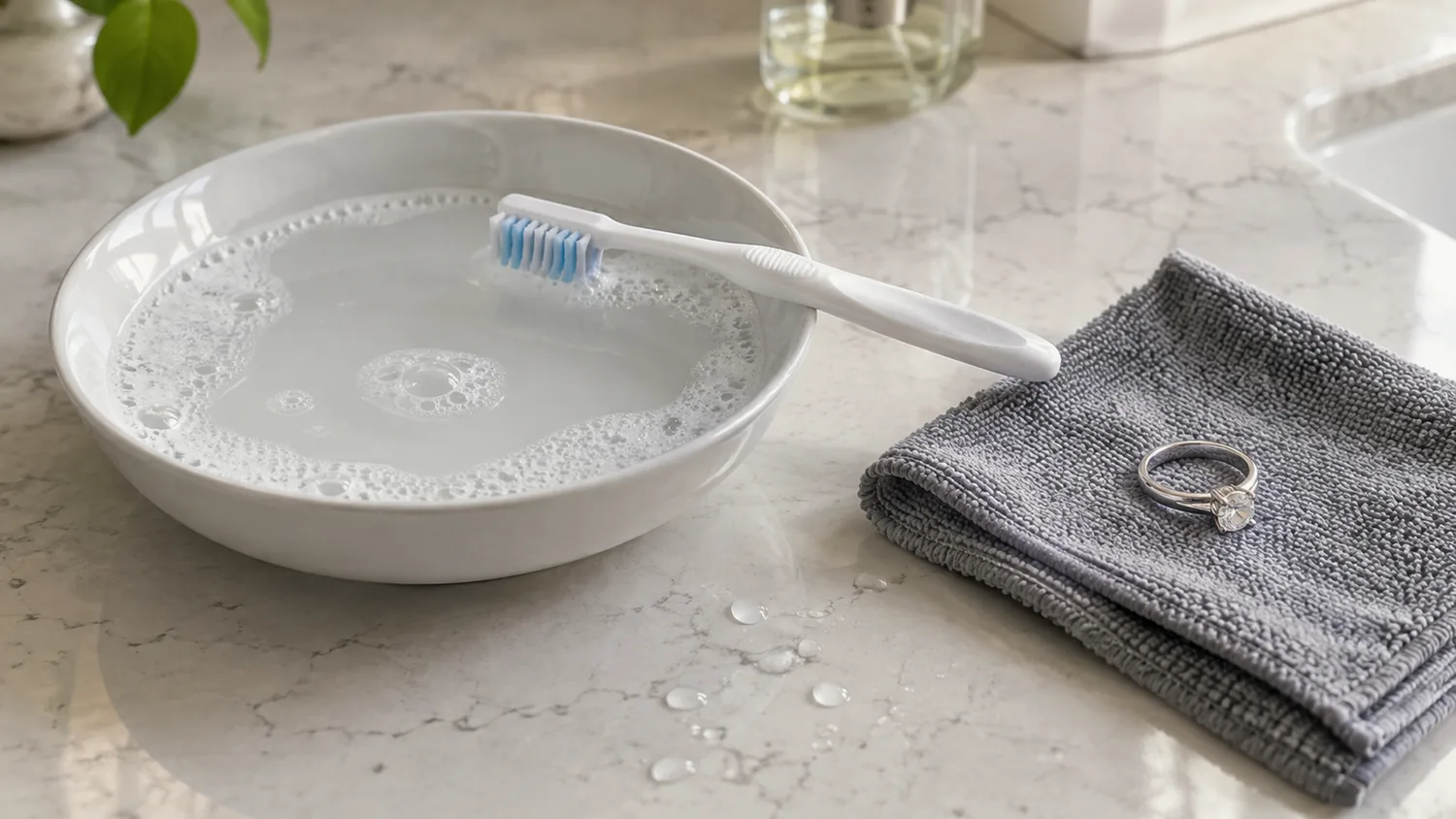 Schale mit Seifenwasser, weicher Bürste und Mikrofasertuch zur Schmuckreinigung