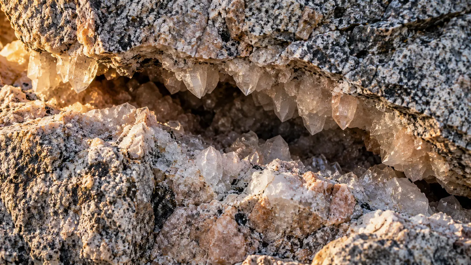 Offene Kluft im Granit mit gewachsenen Bergkristallspitzen