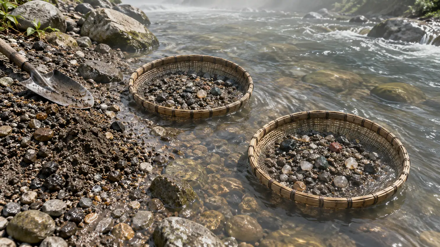 Waschsiebe in der Flussseife: In der sekundären Lagerstätte werden die Steine aus dem Geröll gewaschen