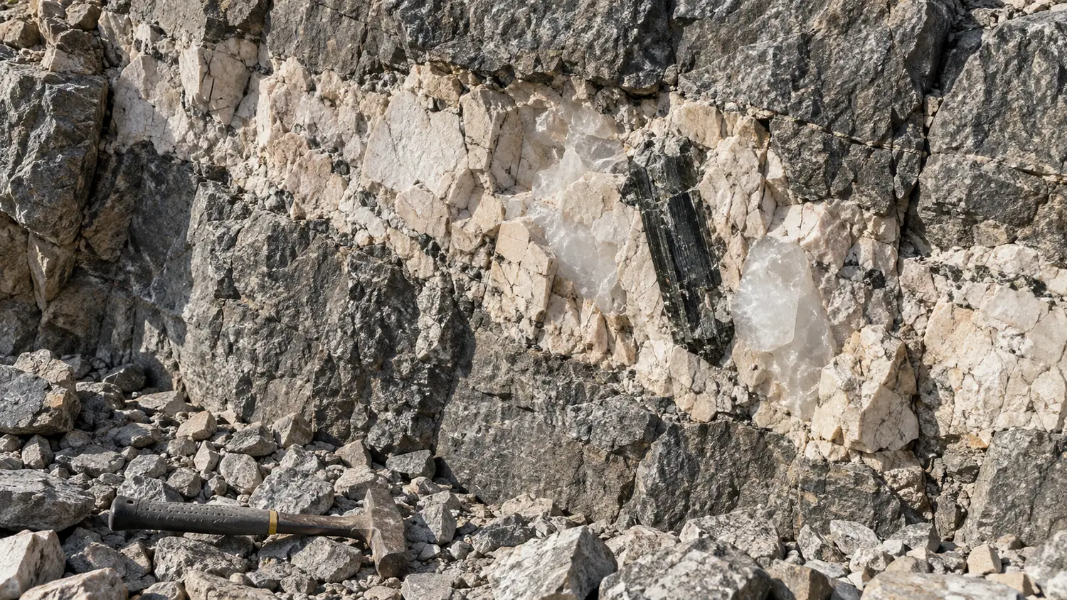 Pegmatitgang mit Quarz, Feldspat und schwarzem Turmalin — primäre Lagerstätte im Muttergestein