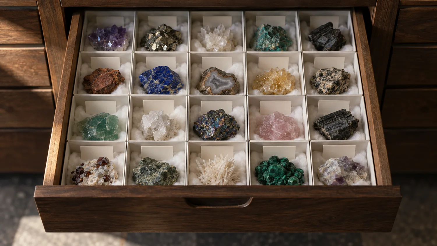 Beschriftete Sammlungsschublade: Mineralstufen nach Familien geordnet