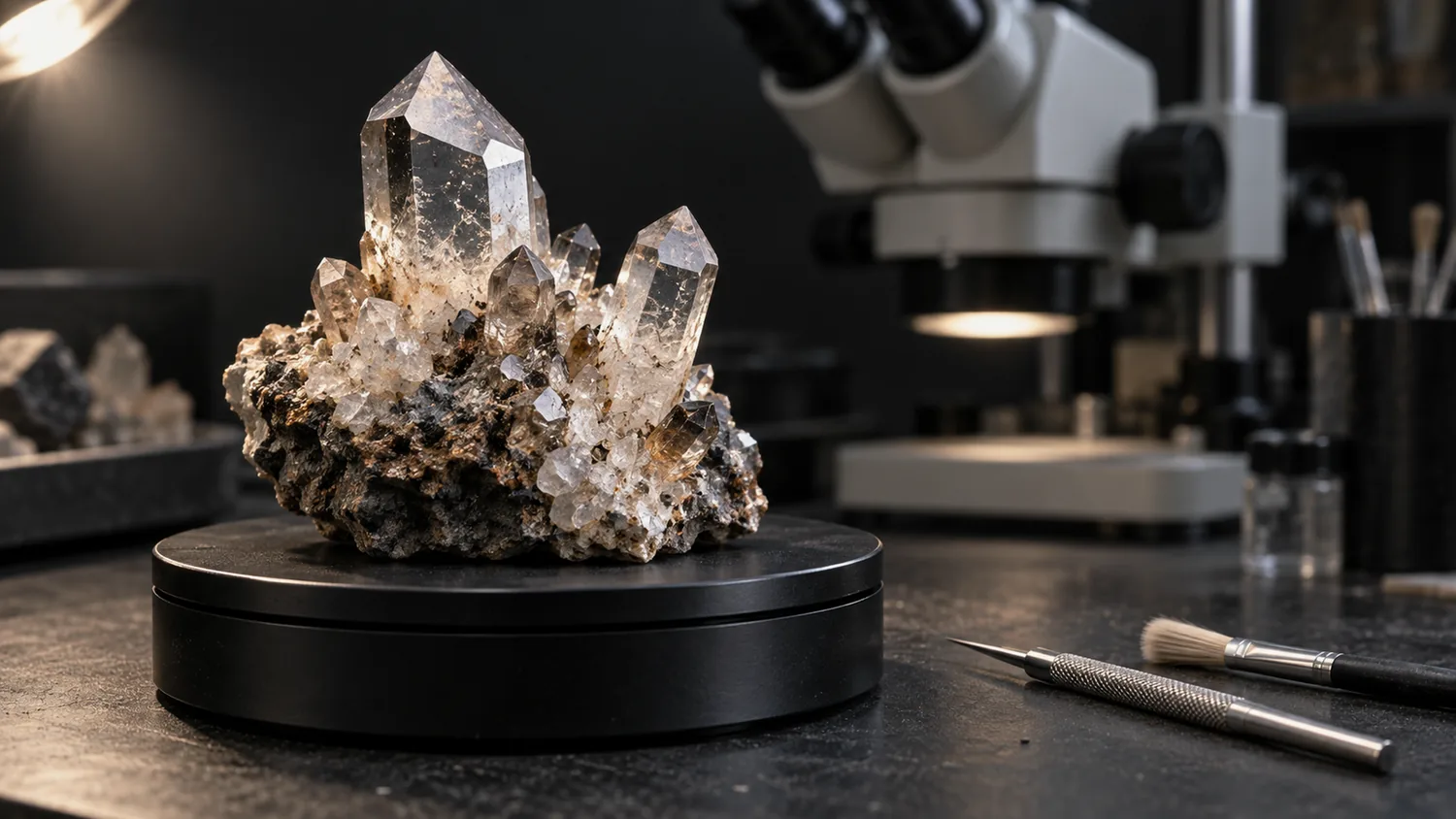 Rauchquarzstufe auf dem Drehteller vor dem Stereomikroskop