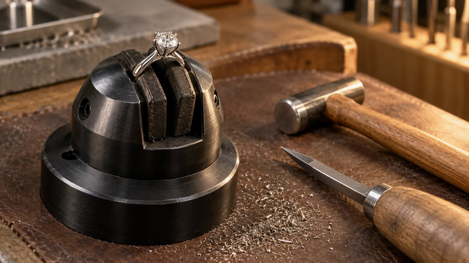 Krappenfassung am Fassapparat: der Brillant wird im Weißgoldring gesichert